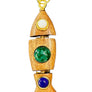 Wooden pendant with embedded stones on a textured gray background