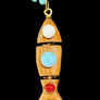Wooden fish-shaped pendant with colorful stones on a dark textured background
