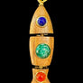 Wooden pendant with embedded stones on a textured gray background