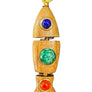 Wooden pendant with embedded stones on a textured gray background