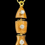 Wooden pendant with embedded stones on a dark textured background