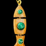 Wooden fish-shaped pendant with green gemstones on a textured black background
