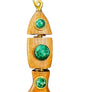Wooden fish-shaped pendant with green gemstones on a textured black background