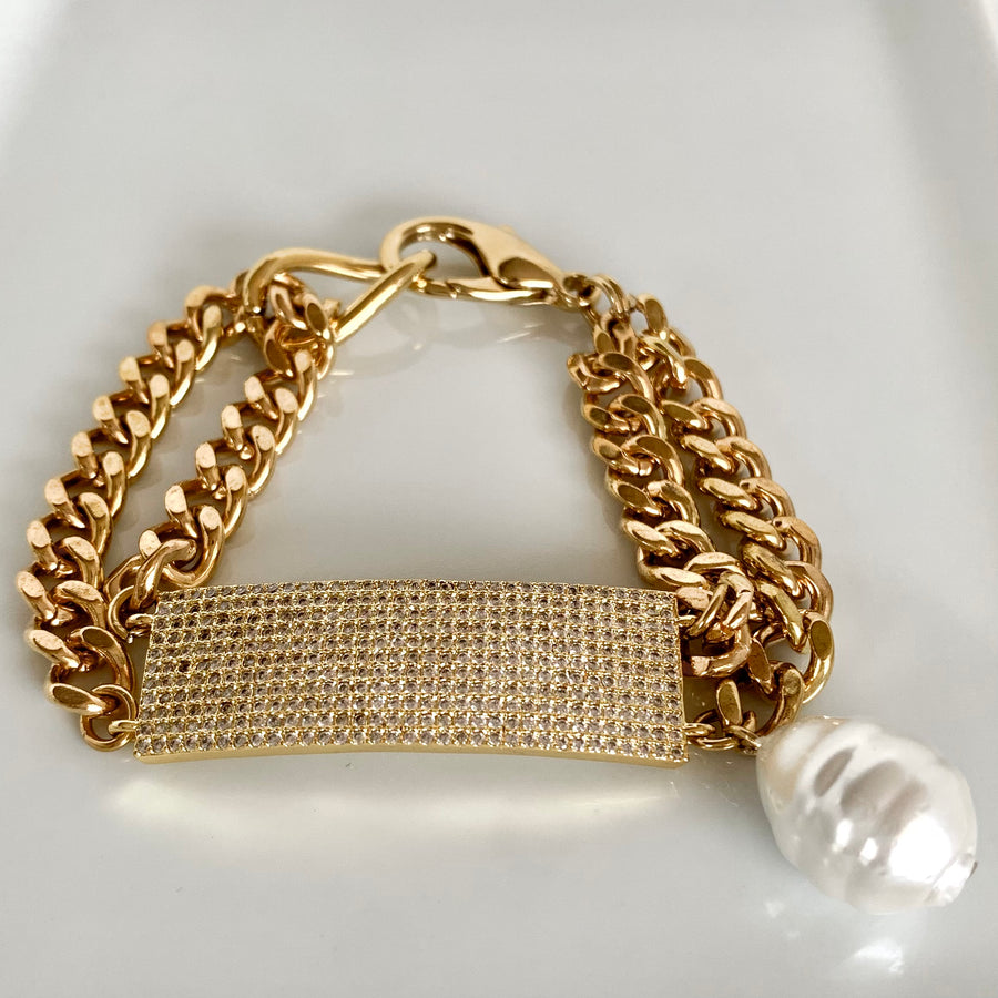 Chunky Cuban Style Bracelet with Pearl Pendant